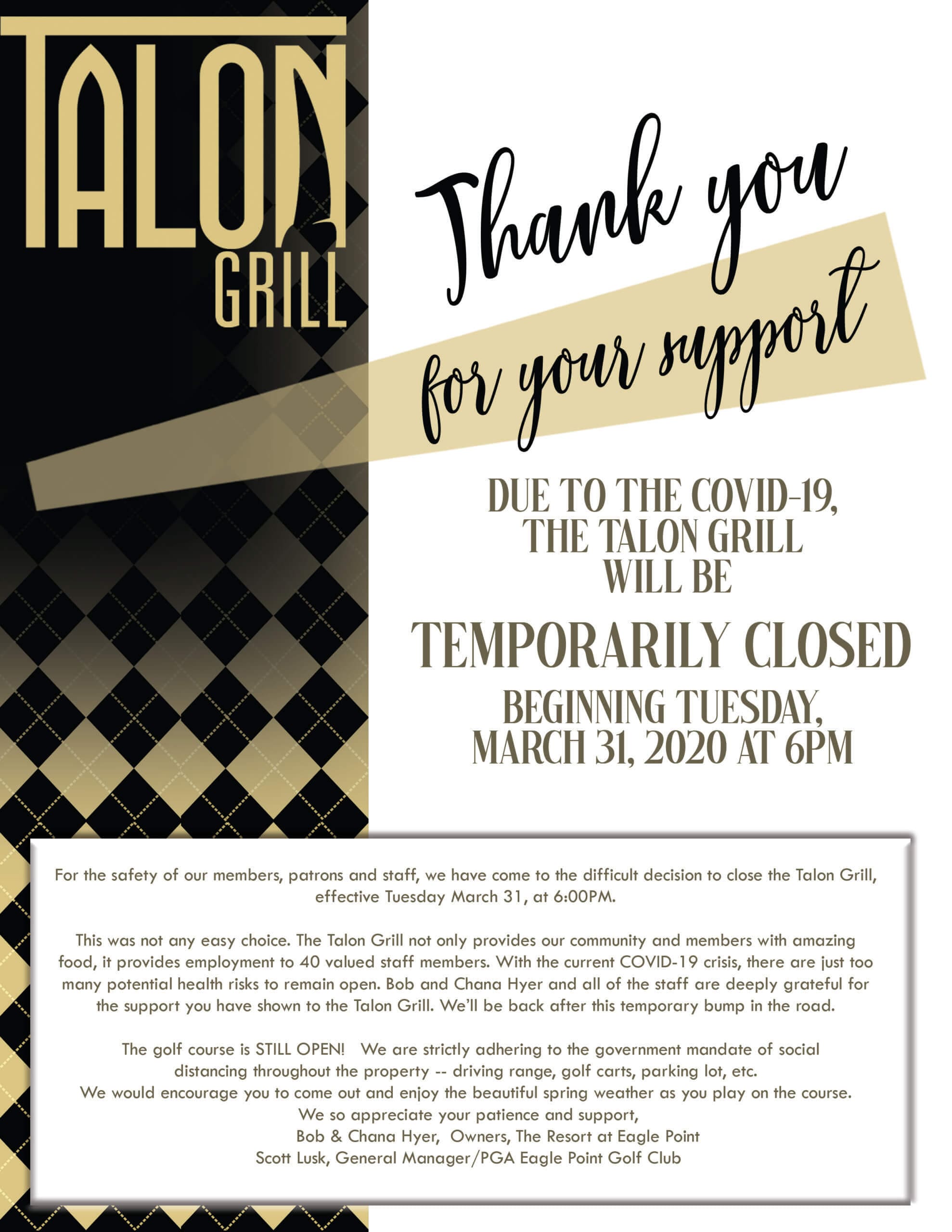 Talon Grill TEMPORARILY Closed effective 3 31 2020 The Resort at