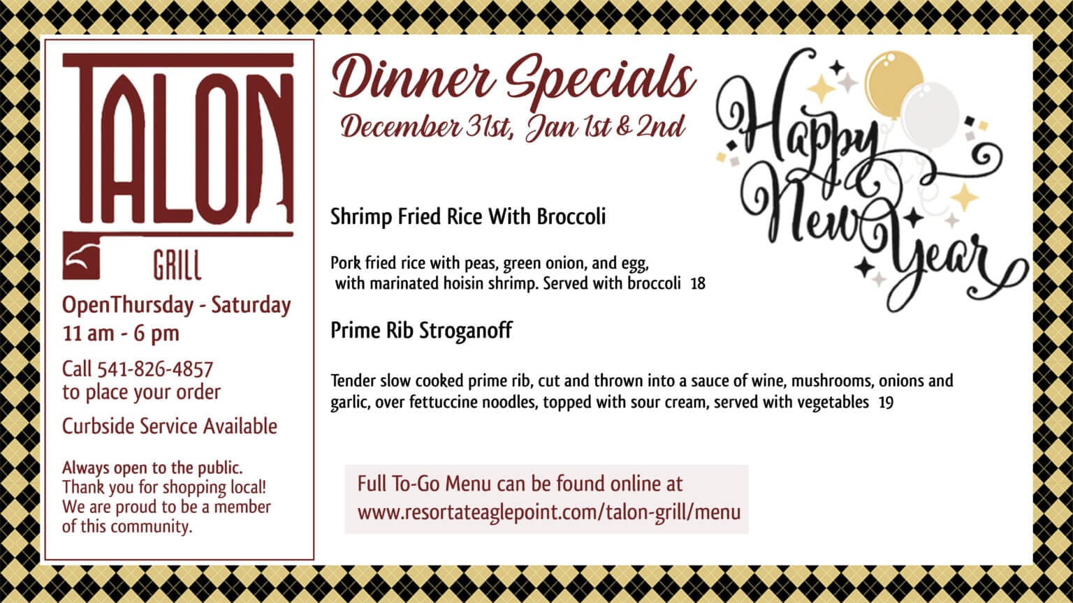 2020 12 31 to 1 2 2021 Talon Grill Dinner Specials - The Resort at ...